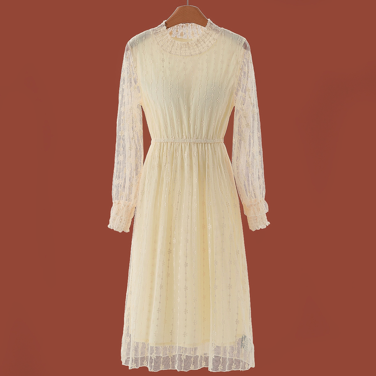 专柜899【境】秋装*绍 法式立领套头松紧腰蕾丝连衣裙663 - 图0