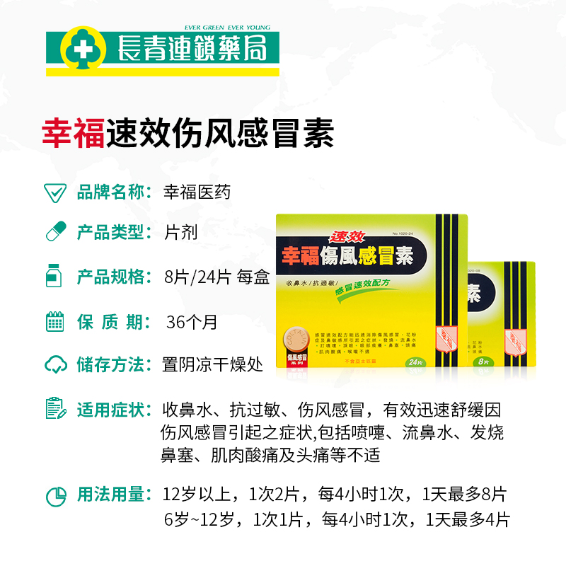 香港幸福速效伤风感冒素8片喷嚏 长青海外国际感冒咳嗽用药
