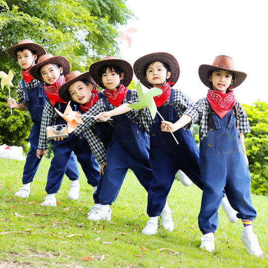 Ropa de actuación para niños, estudiantes de primaria, vaqueros, monos, trajes de vaquero occidental para hombres y mujeres, ropa de actuación para jardín de infantes