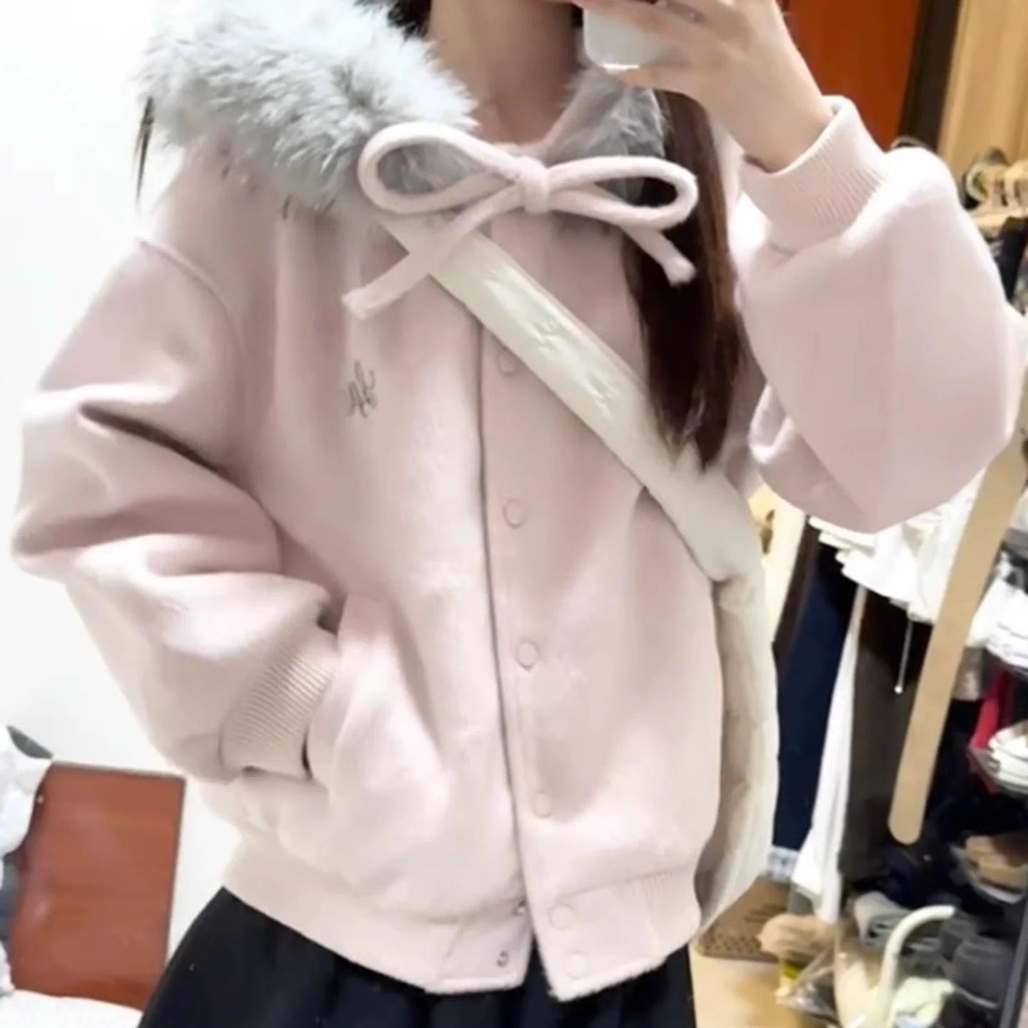 秋冬甜美粉色连帽大毛领毛呢外套女蝴蝶结开衫加绒加厚棒球服上衣,淘宝优惠券,粉丝福利购,淘宝优惠卷