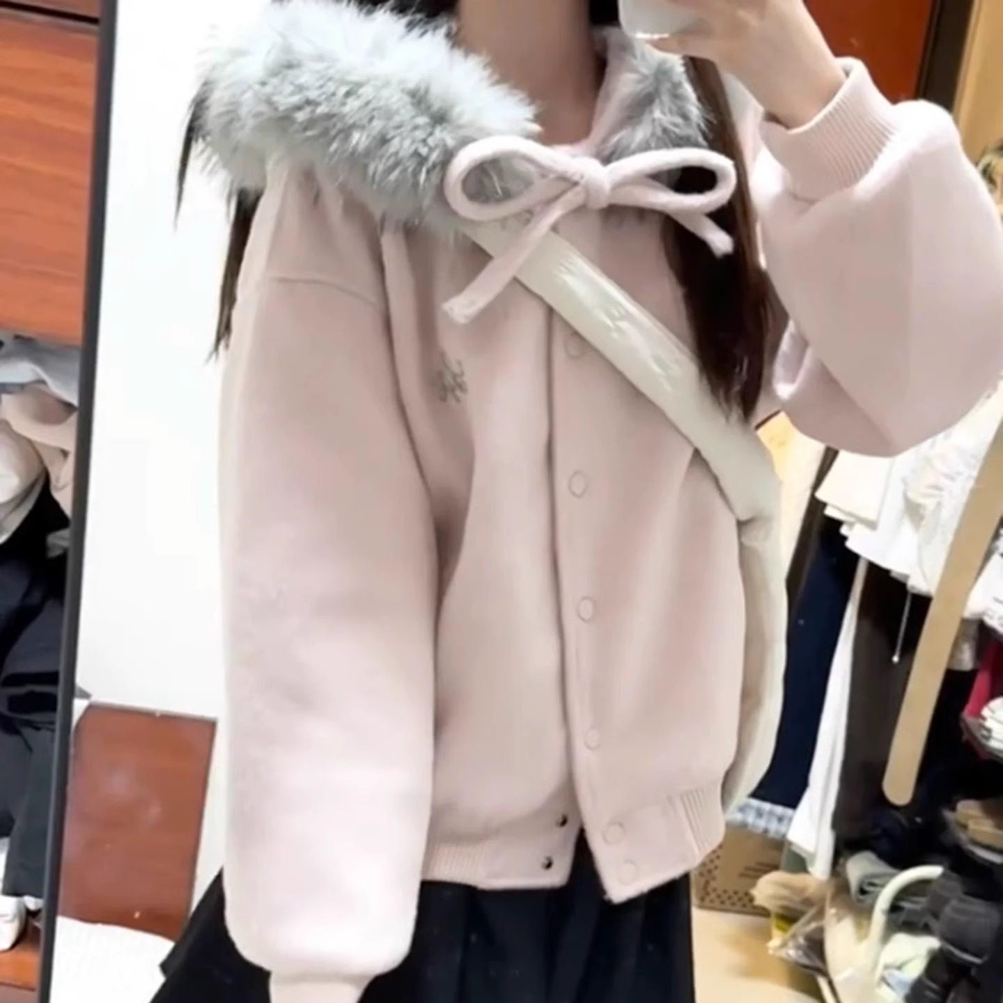 秋冬甜美粉色连帽大毛领毛呢外套女蝴蝶结开衫加绒加厚棒球服上衣,淘宝优惠券,粉丝福利购,淘宝优惠卷