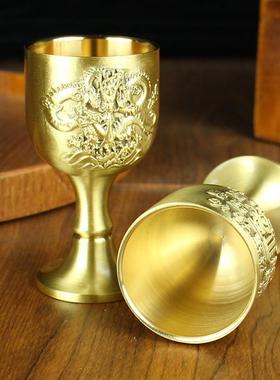 黄铜高脚杯摆件家居餐厅桌面龙凤呈祥小酒杯金属铜器铜百福高脚杯