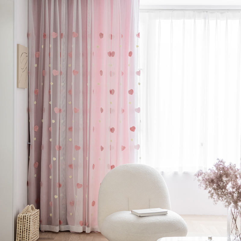 Pink love embroidered gauze curtain high blackout curtain window screen