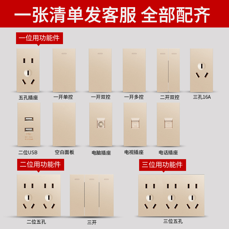 德力西118型大板开关插座大面板多孔无边框香槟金带USB模块长方形 - 图0