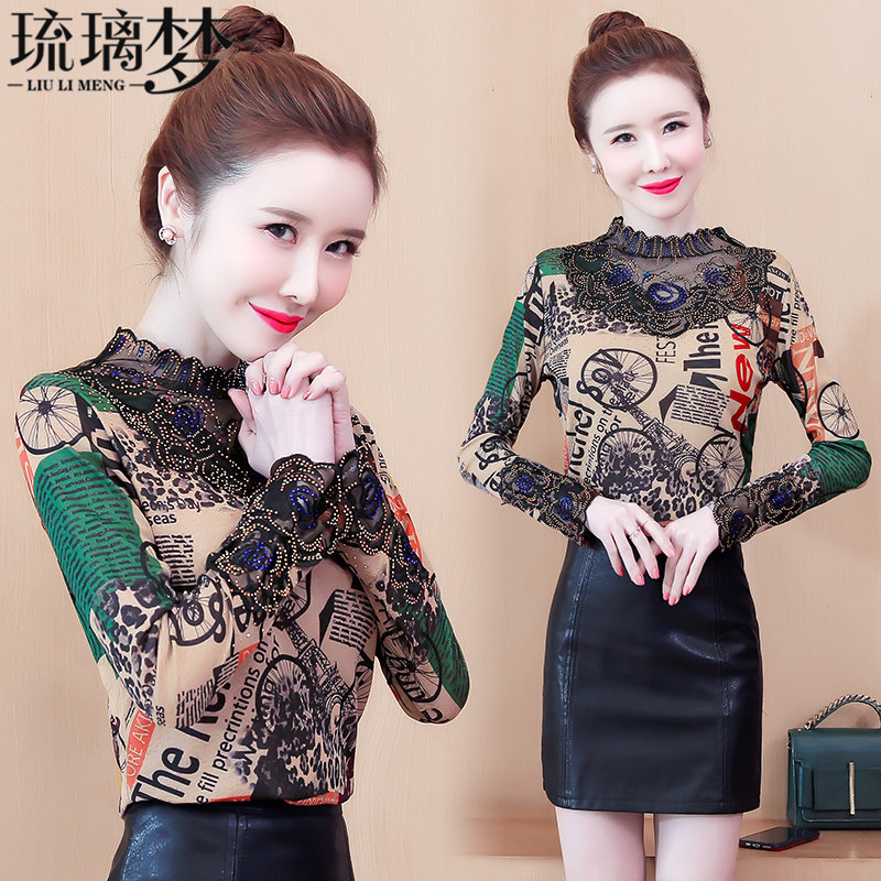 女士加绒蕾丝长袖秋冬装新款打底衫 琉璃梦蕾丝衫/雪纺衫