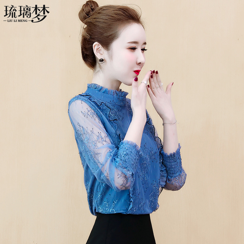 秋装雪纺蕾丝长袖洋气小衫超仙t恤 琉璃梦蕾丝衫/雪纺衫