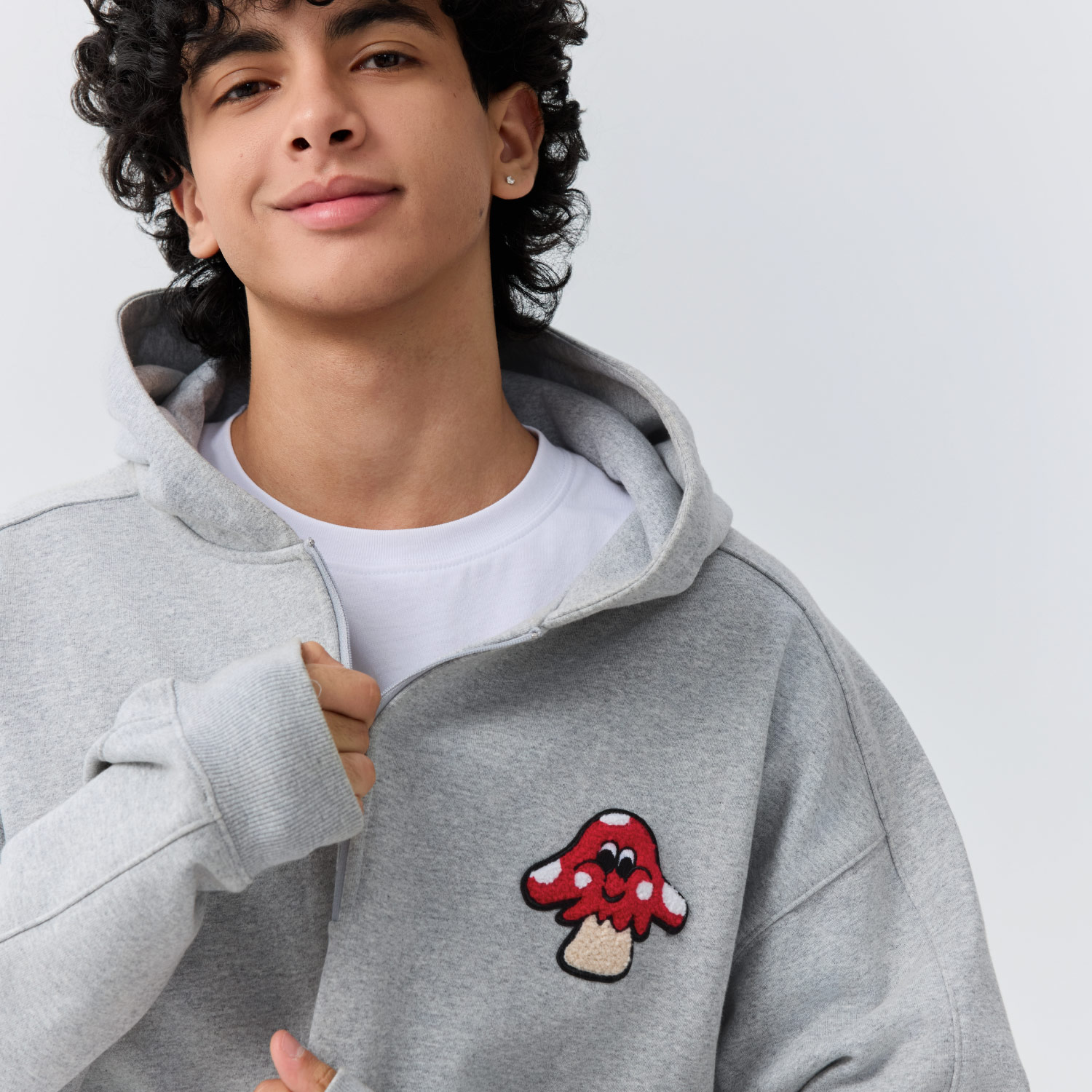 warmtrees树树脆脆乐园蘑菇毛巾绣半拉链连帽卫衣 - 图2