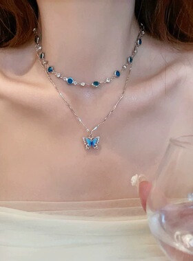 猫耳朵蓝色蝴蝶项链女轻奢小众高级感锁骨链颈链choker配饰