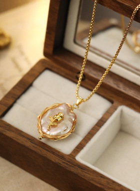 中古大巴洛克天然粉紫色郁金香淡水珍珠项链高级感毛衣链配饰颈链