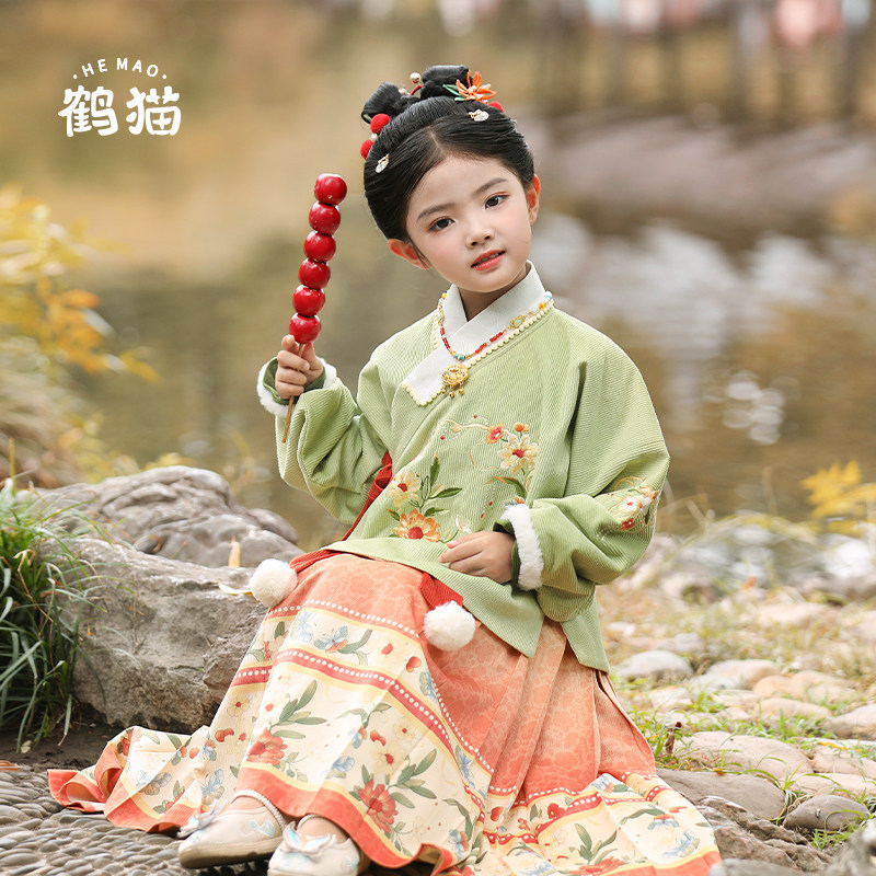鹤猫.桑菊 汉服女童春秋季儿童古风新款明制马面裙套装,淘宝优惠券,粉丝福利购,淘宝优惠卷