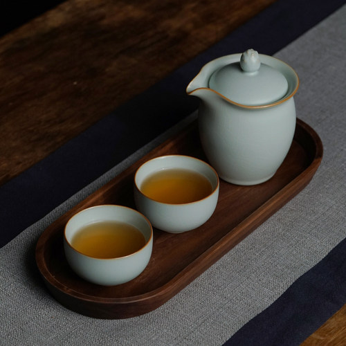 汝窑快客杯旅行茶具套装家用简约便携景德镇陶瓷一壶二杯开片可养 - 图1