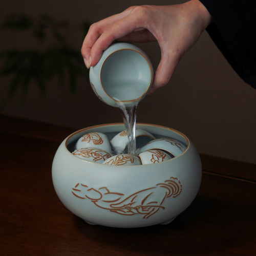 青澹汝窑茶洗水盂大号家用复古景德镇汝瓷陶瓷功夫茶具配件冰裂釉 - 图0