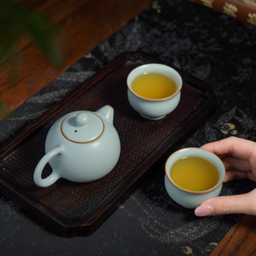 汝窑一壶二杯茶具套装高档送礼景德镇天青色汝瓷功夫茶壶西施元宝 - 图1