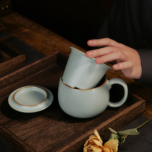 汝窑陶瓷杯带盖大容量复古杯子景德镇办公杯泡茶水杯过滤茶杯青瓷 - 图0