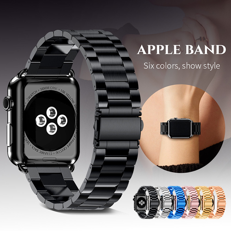 适用Apple Watch8/SE手表带金属三珠不锈钢带3/4/5/7代苹果手表iwatchs9精钢表带运动腕带链式潮牌男女s5链条-图0