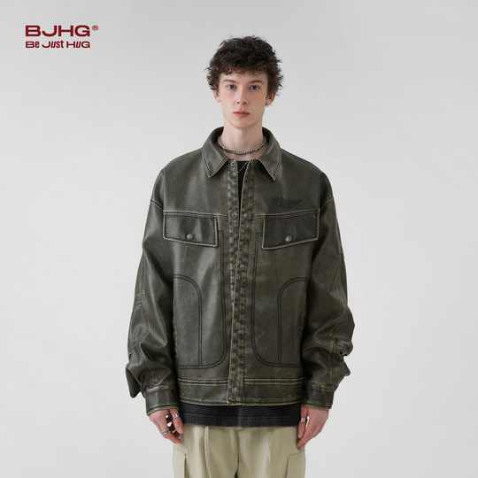 BJHG不计后果美拉德皮衣外套男款秋季新款休闲潮牌情侣机车夹克女