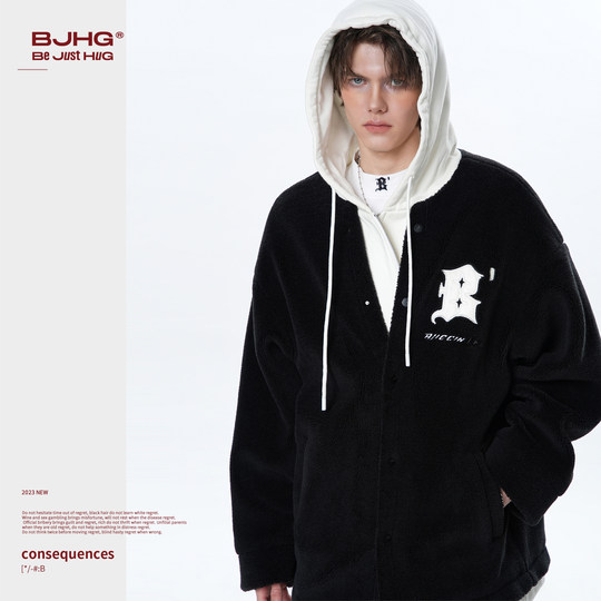 BJHG不计后果羊羔绒棉衣外套男款冬季潮牌情侣加厚假两件棉服棉袄