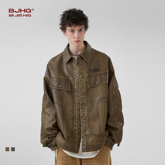 BJHG不计后果美拉德皮衣外套男款秋季新款休闲潮牌情侣机车夹克女