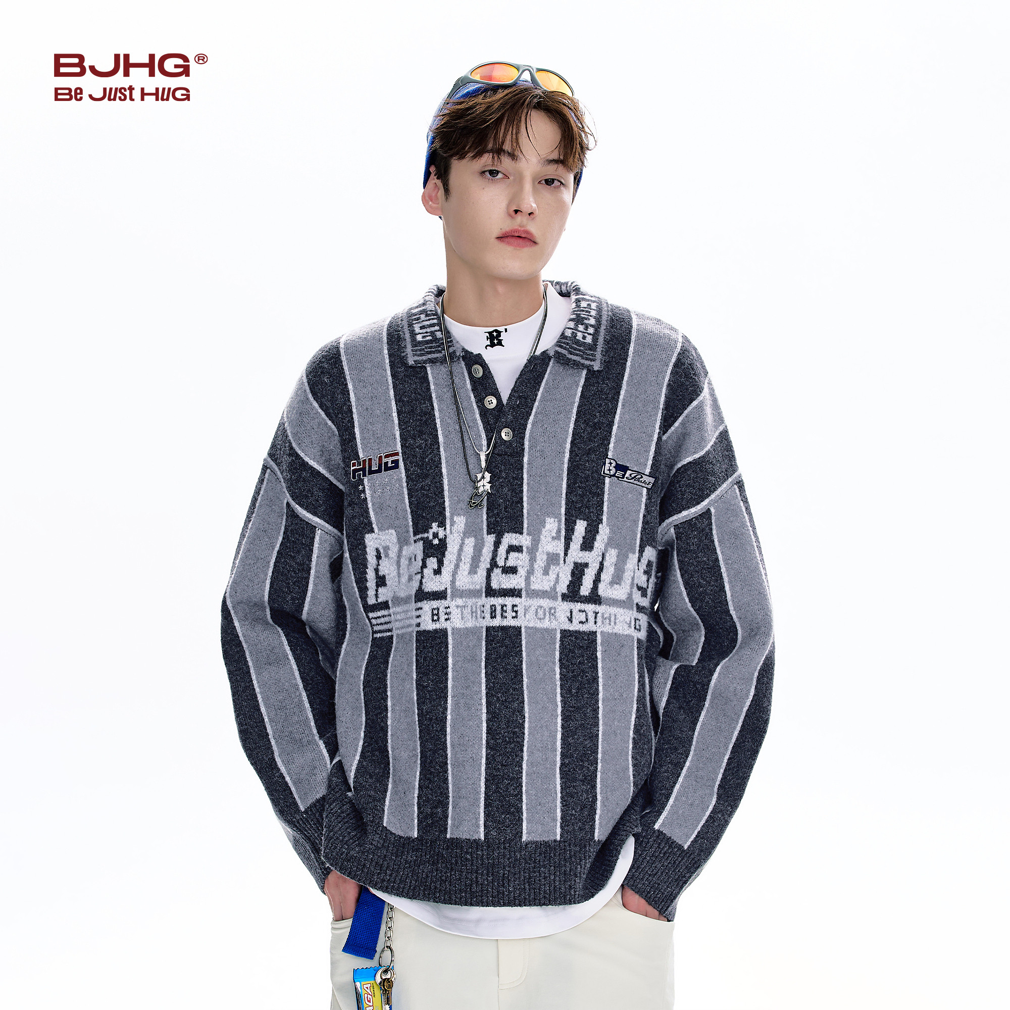 BJHG不计后果赛车风翻领毛衣男款冬季羊毛衫重磅条纹POLO领针织衫,淘宝优惠券,粉丝福利购,淘宝优惠卷