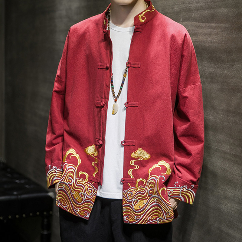 新年男唐装红色绣花复古盘扣汉服 耀普顿唐装