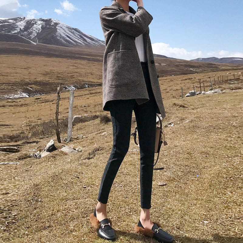 黑色薄绒秋冬高腰抓绒显瘦牛仔裤 秘予牛仔裤