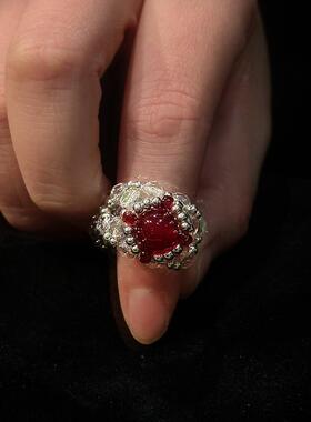 纯银酒红串珠法式复古戒指