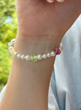 进口施家珍珠手链女手工串珠手环原创小众设计五色水晶手串可调节