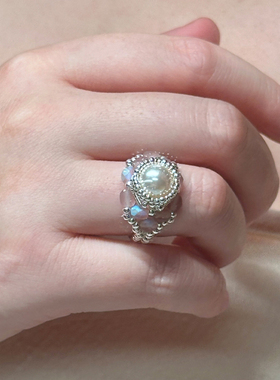 施家珍珠戒指女设计小众食指戒手工编织纯银戒指串珠高级感不掉色