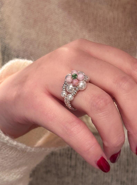 施家珍珠戒指纯银手工编织桃花戒