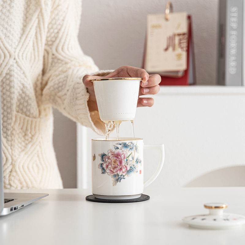 羊脂玉茶杯套装男女金丝工艺粉彩杯子陶瓷水杯喝茶轻奢感白瓷家用-图1