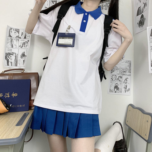 国中校服青春中学生套装初高中班服运动女夏季蓝白色短袖上衣短裤 - 图1