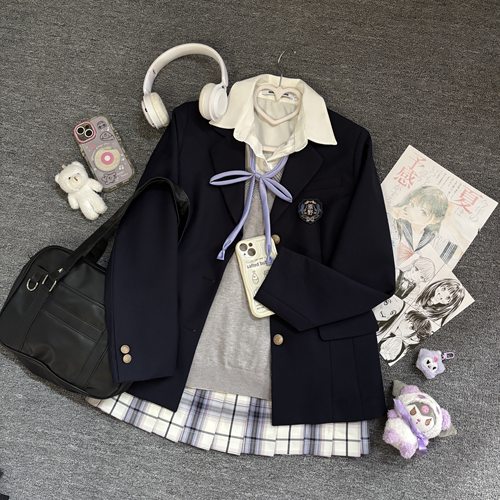 【紫色系JK套装】海月社原创JK紫色系列穿搭西服开衫毛衣格裙叠穿 - 图3