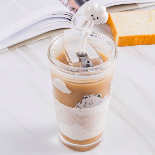 JUMPINJOK 可爱云朵熊吸管杯简约森系玻璃杯带盖可爱少女学生杯子 - 图3