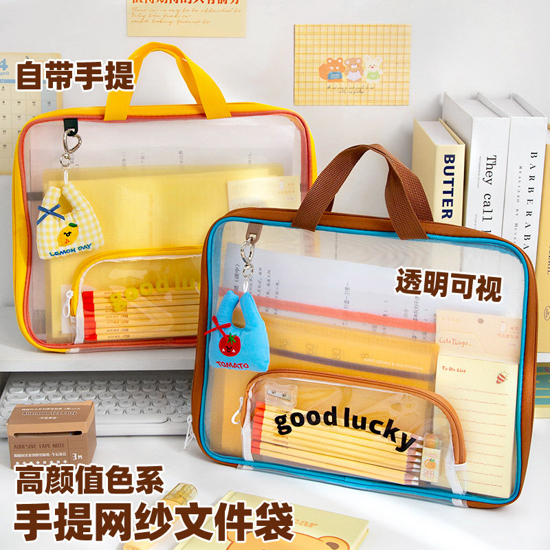 小槑同学 横版手提网纱文件袋小学生拉链式作业袋拎书专用补习手提袋补课透明A4资料书本收纳袋儿童课外袋子,淘宝优惠券,粉丝福利购,淘宝优惠卷