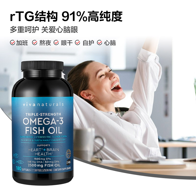 Viva美国进口高纯度rTG深海鱼油DPA天然omega3欧米伽3软胶囊180粒 - 图2