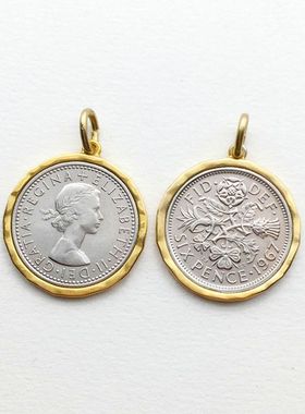 英国六便士硬币加边框包边吊坠子复古人像金银色中古项链小众饰品