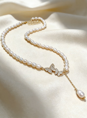 轻奢珍珠项链女小众设计感蝴蝶吊坠锁骨链百搭简约