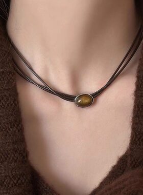 复古皮革虎眼石项链女中式叠戴choker小众颈链百搭气质锁骨链配饰