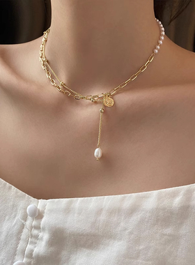 双层叠戴复古钱币流苏锁骨链冷淡风网红颈链小众设计珍珠拼接项链