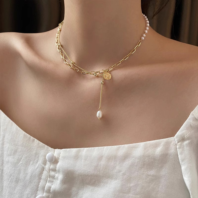Double layer stacked retro coin tassel clavicle chain cold style internet celebrity choker niche design pearl splicing necklace