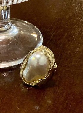 法式复古异形珍珠戒指女夸张食指指环个性时尚设计新款潮开口尾戒