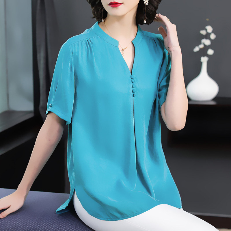 铜氨丝2022夏轻奢短袖t恤大码衬衣 珠睿衬衫