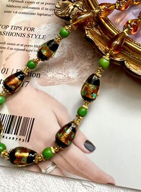 复古美拉德金色金箔琉璃项链配水滴咖啡色树脂轻奢高级琉璃