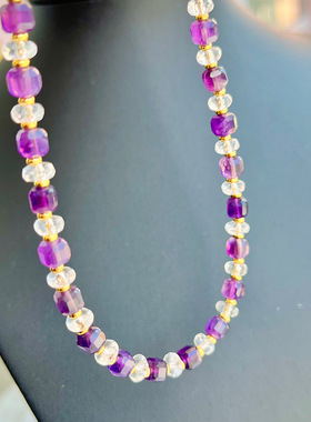 复古紫水晶方糖搭配多切面白水晶项链手链高级轻奢配饰疗愈水晶