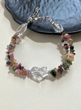 复古双层项链手链碧玺色碎石配白水晶耳钩秋冬百搭高级感配饰