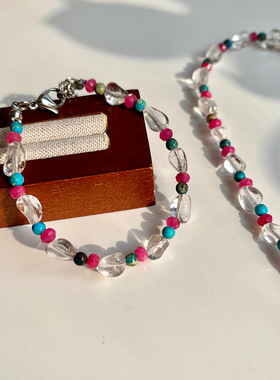 复古随形白水晶配蓝松石玫红石英石春夏百搭石头小项链手链套装