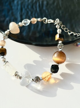 复古虎眼石切面方糖配血檀爱心猫眼项链手链耳钩百搭高级白水晶