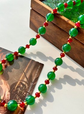 复古绿玛瑙项链手链耳钩套装圆珠搭配玫红色玉髓扁珠氛围感新中式