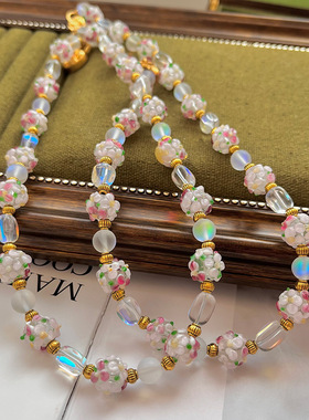 复古白粉色穆拉诺项链配闪光石项链手链耳钩套装花朵琉璃夏日清新