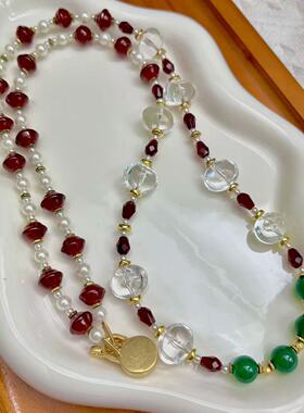 复古长款毛衣链红琉璃配绿玛瑙施家琉璃珍珠 新中式高级轻奢饰品